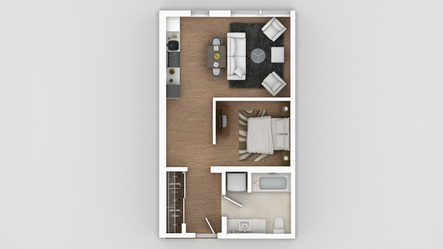 Floor plan for 1 bed, 1 bath, 744 sqft